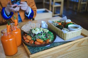 a table with brunch and drinks on it